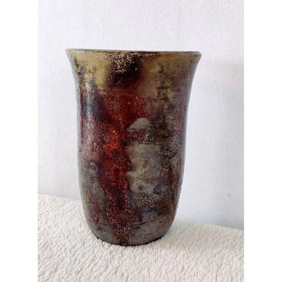 Raku Art Vase Brown Iridescent Tones Textured Rustic Tumbler Thrown Pottery 5.5" - Picture 10 of 15